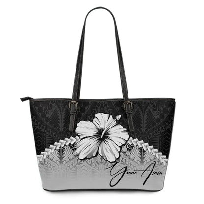 Custom Polynesian Leather Tote Bag Hibiscus Personal Signature Gray