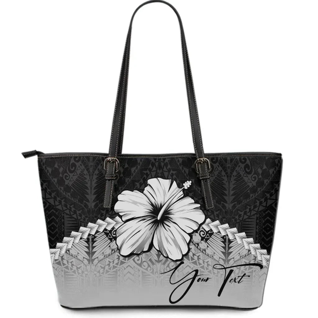 Custom Polynesian Leather Tote Bag Hibiscus Personal Signature Gray