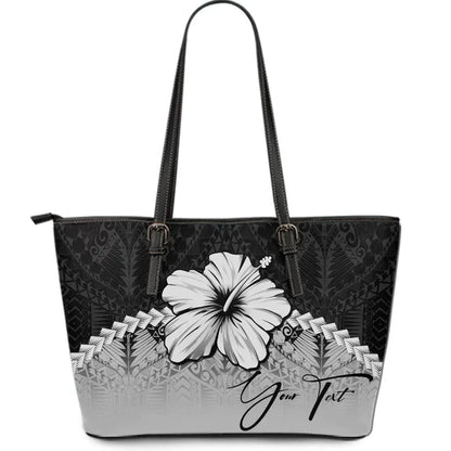 Custom Polynesian Leather Tote Bag Hibiscus Personal Signature Gray