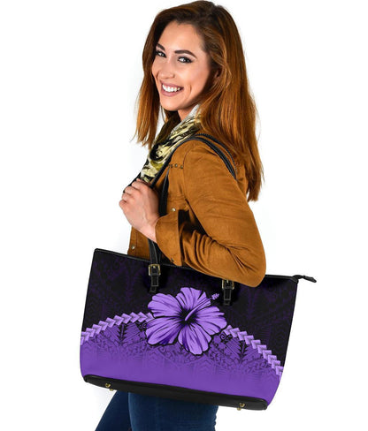 Polynesian Leather Tote Bag Hibiscus Purple