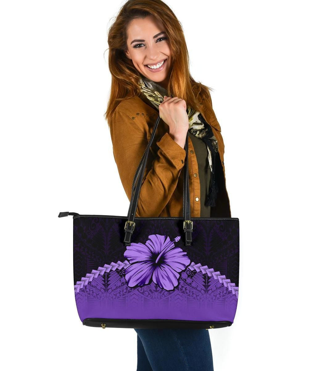 Polynesian Leather Tote Bag Hibiscus Purple