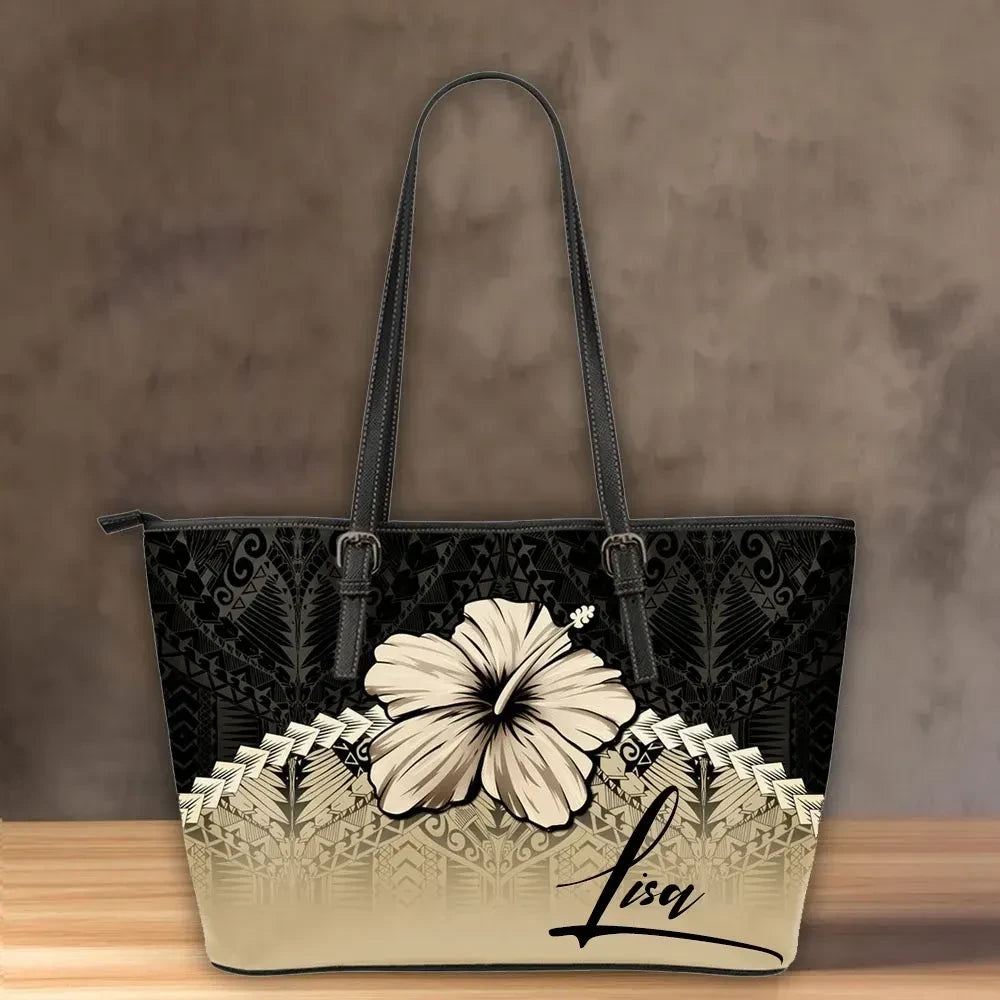 Custom Polynesian Leather Tote Bag Hibiscus Personal Signature