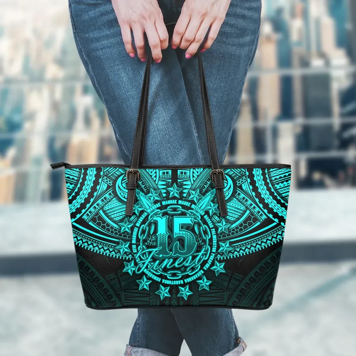Cook Islands Polynesian Leather Tote Bag Cyan