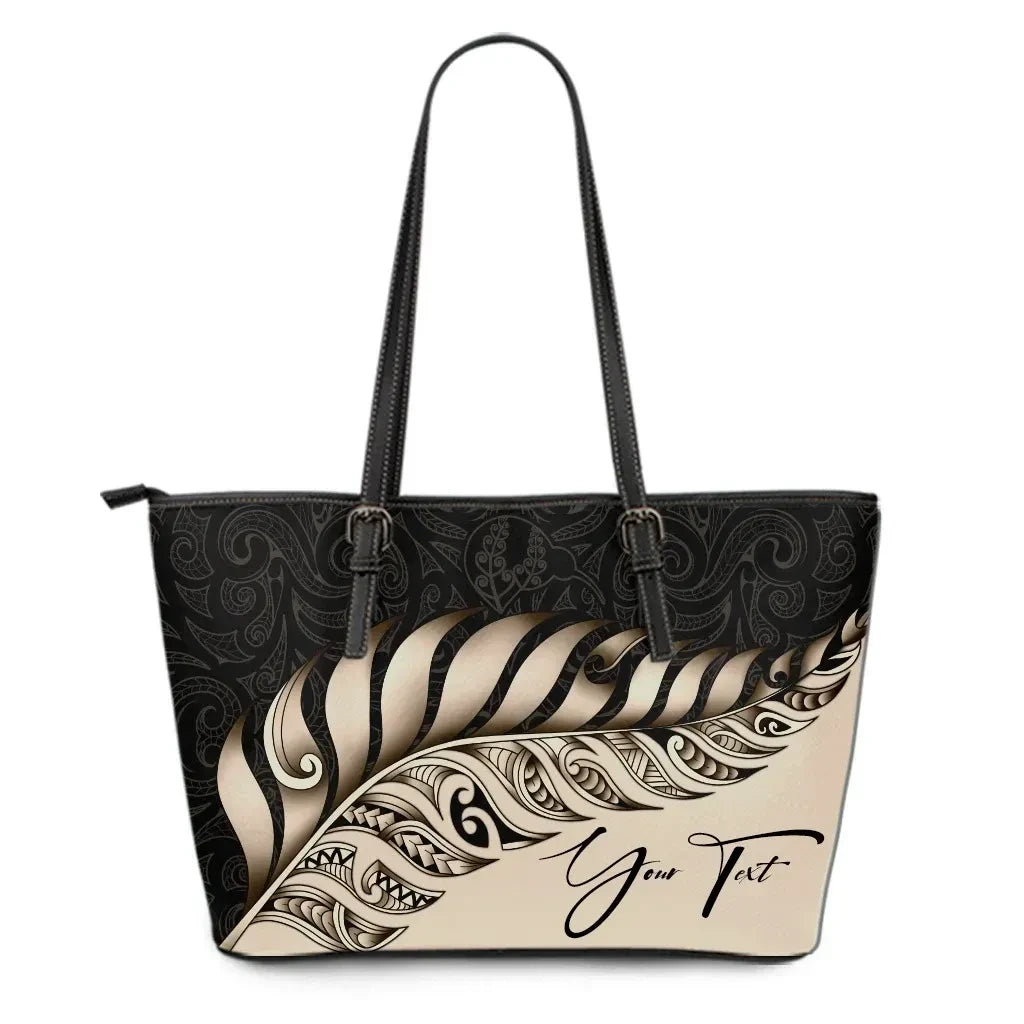 Custom New Zealand Leather Tote Bag Silver Fern Kiwi Personal Signature Gold