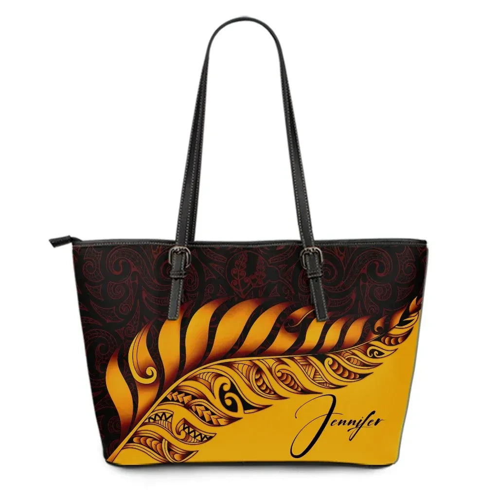 Custom New Zealand Leather Tote Bag Silver Fern Kiwi Personal Signature Orange