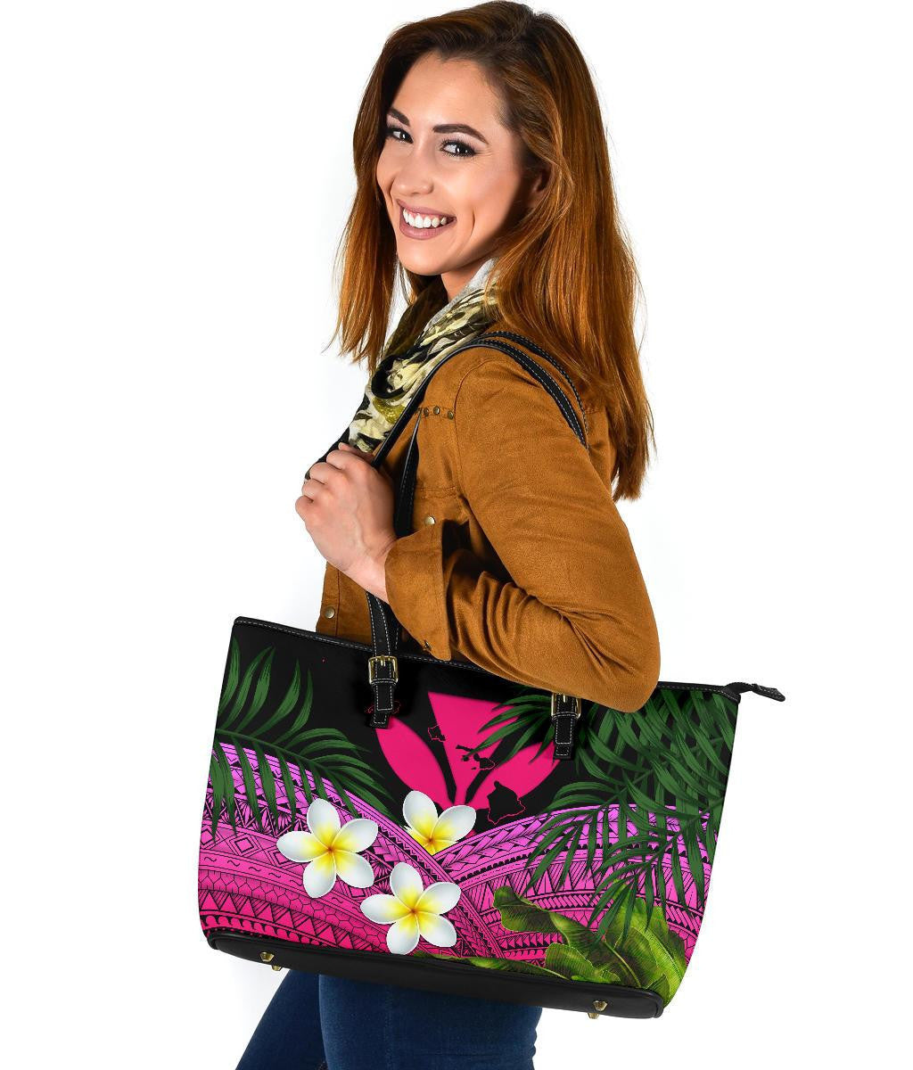 Kanaka Maoli Hawaiian Leather Tote Bag, Polynesian Plumeria Banana Leaves Pink