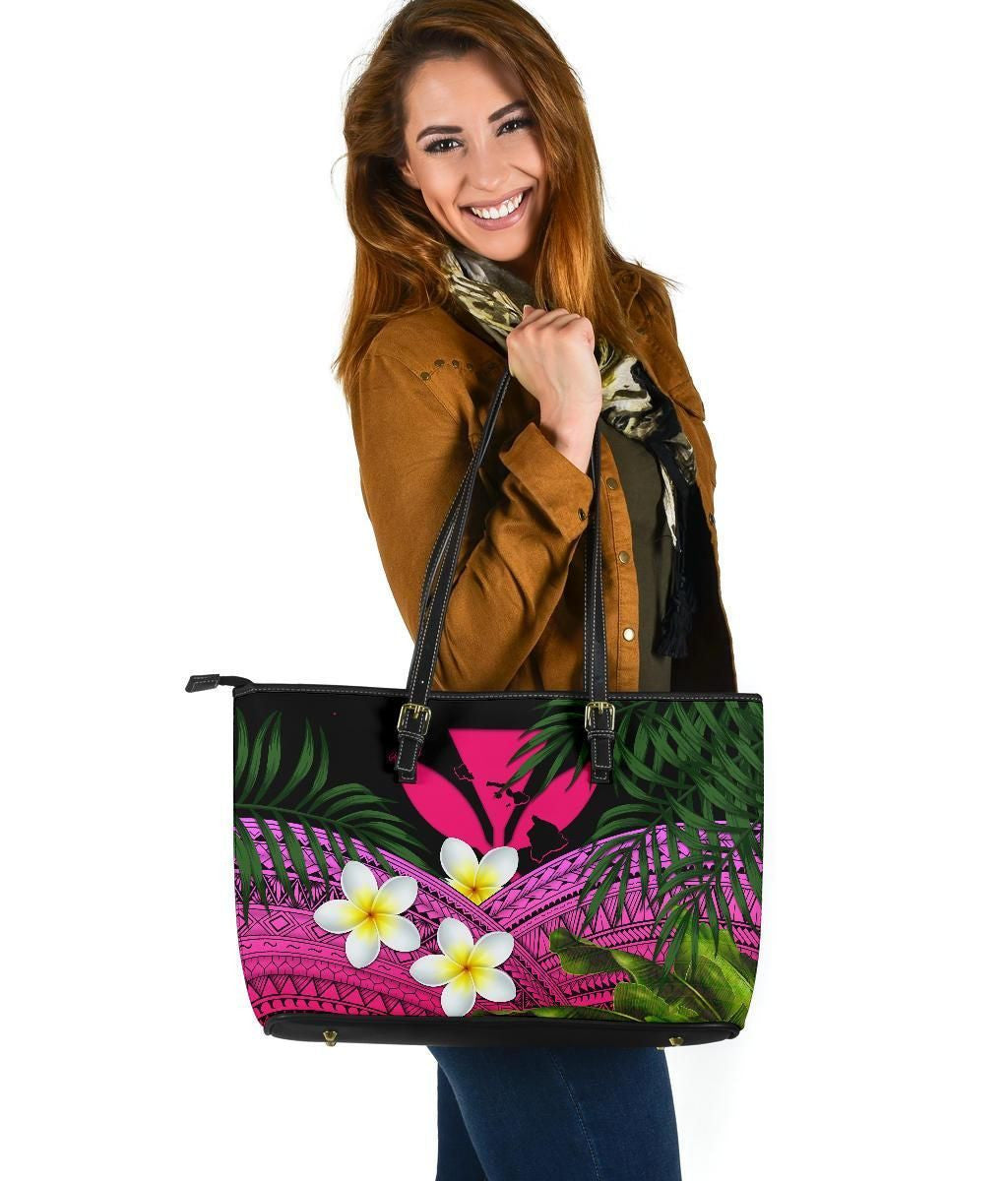 Kanaka Maoli Hawaiian Leather Tote Bag, Polynesian Plumeria Banana Leaves Pink