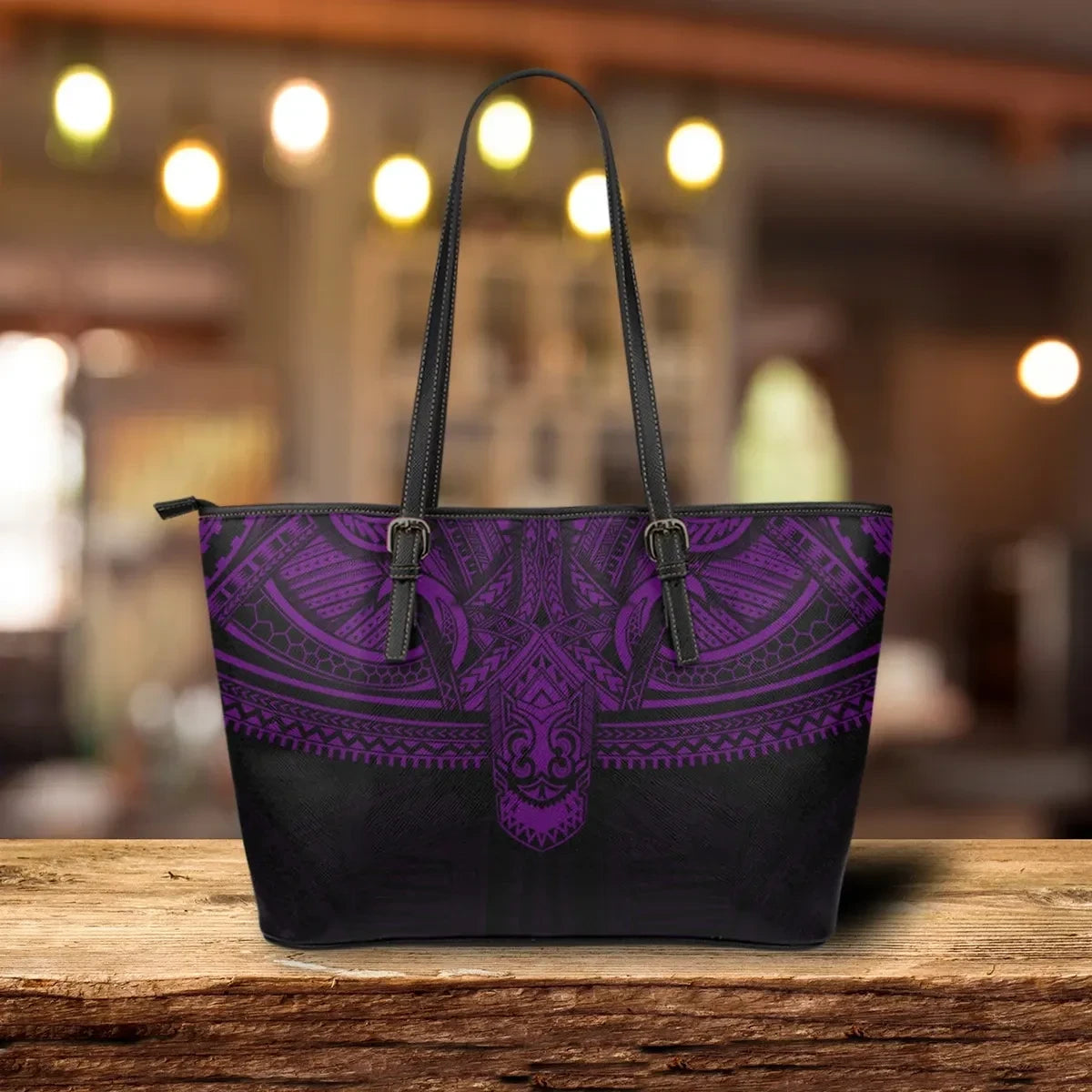 Polynesian Leather Tote Bag Dark Purple