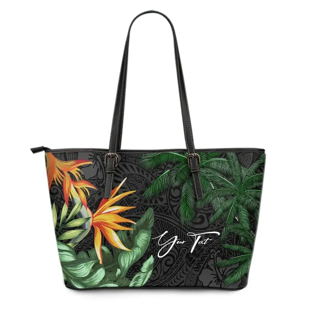 Custom Polynesian Leather Tote Bag Banana Palm Leaves And Coconut Tree Personal Signature