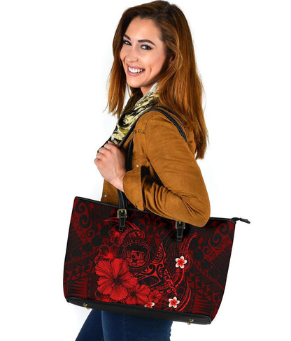 Polynesian Hawaii Leather Tote Bag Humpback Whale With Hibiscus Red
