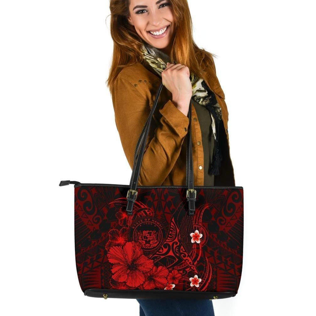 Polynesian Hawaii Leather Tote Bag Humpback Whale With Hibiscus Red