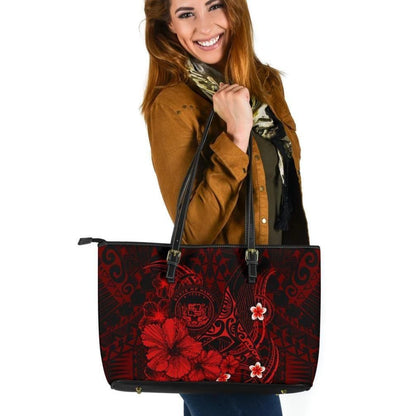 Polynesian Hawaii Leather Tote Bag Humpback Whale With Hibiscus Red