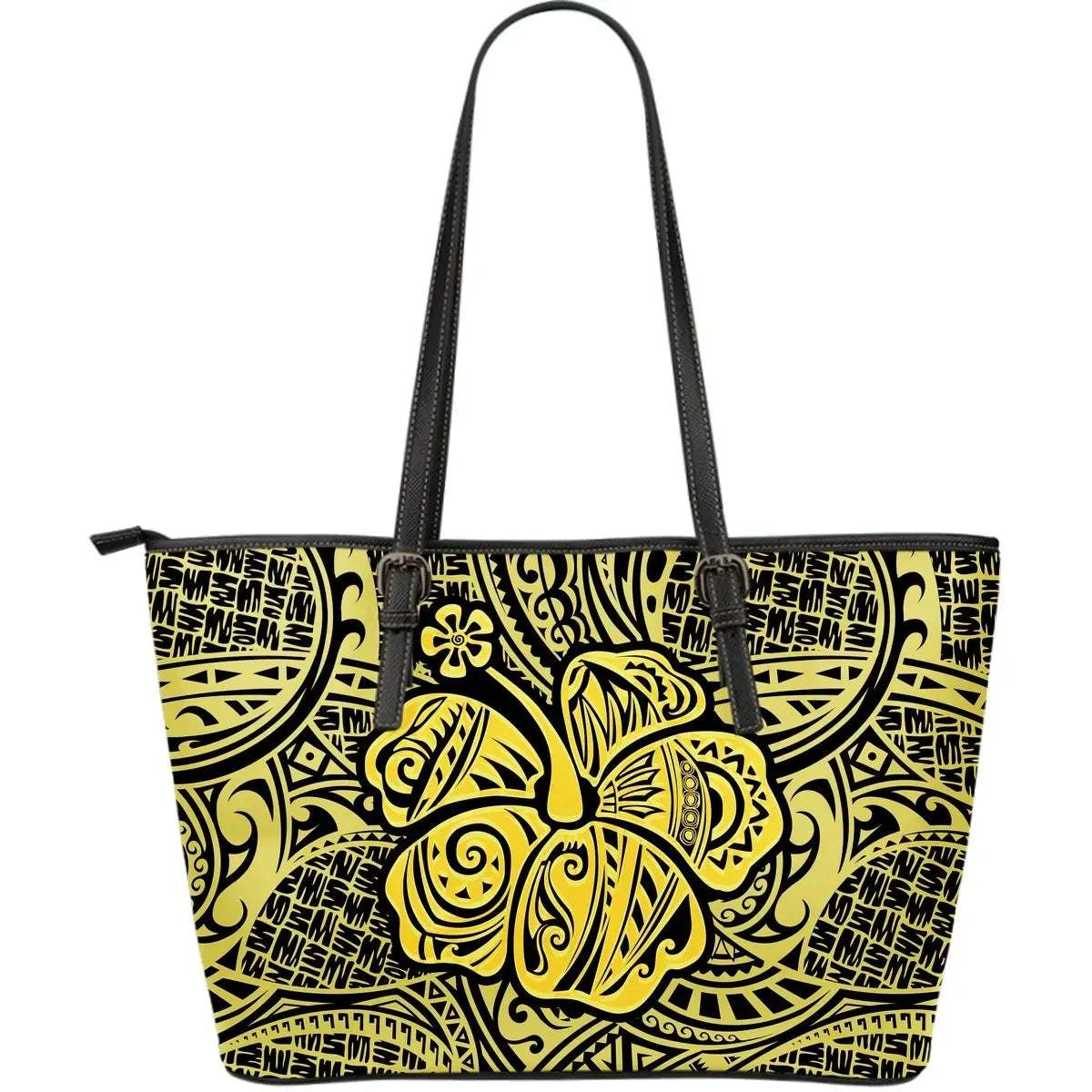 Polynesian Hibiscus Leather Tote Bag Yellow