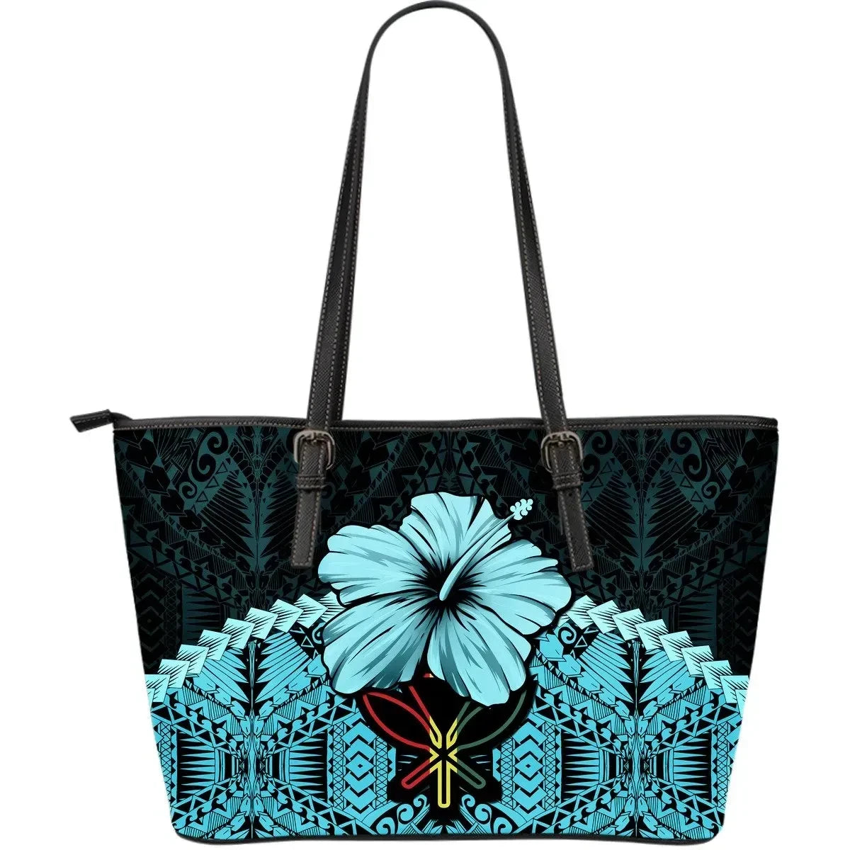 Hawaii Leather Tote Bag Hibiscus Turquoise