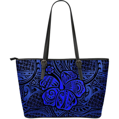 Polynesian Hibiscus Leather Tote Bag Blue