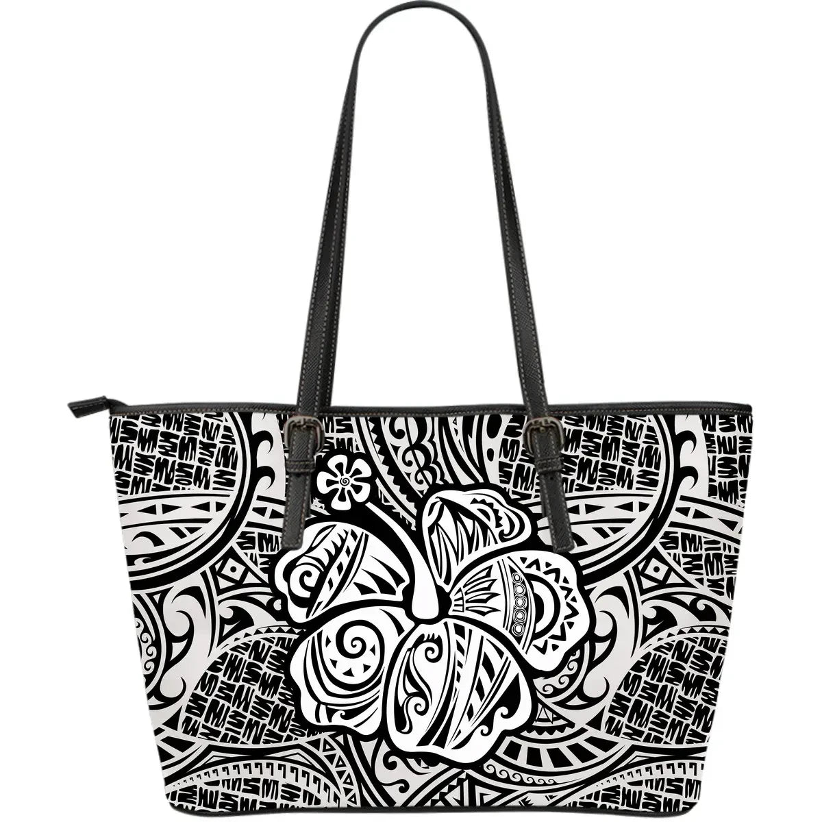 Polynesian Hibiscus Leather Tote Bag White