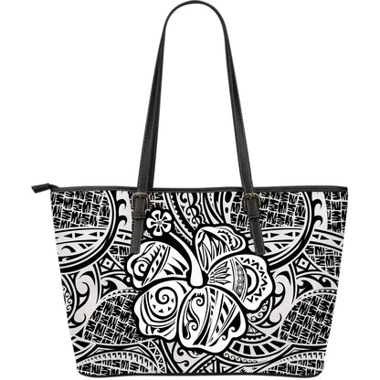 Polynesian Hibiscus Leather Tote Bag White