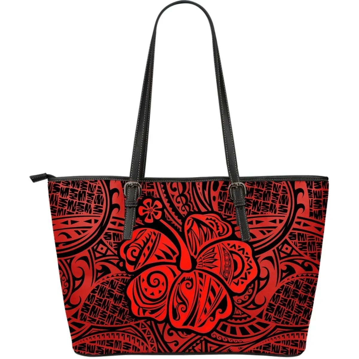 Polynesian Hibiscus Leather Tote Bag Red