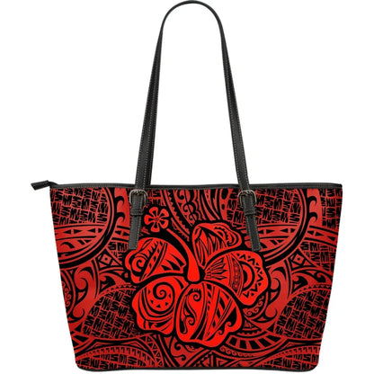 Polynesian Hibiscus Leather Tote Bag Red