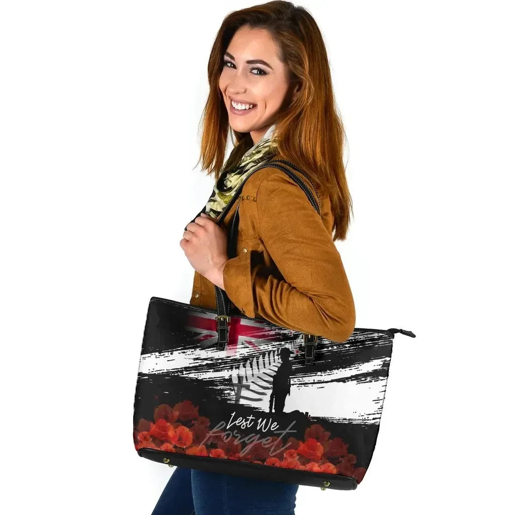 New Zealand Anzac Leather Tote Bag Remembrance Day Lest We Forget