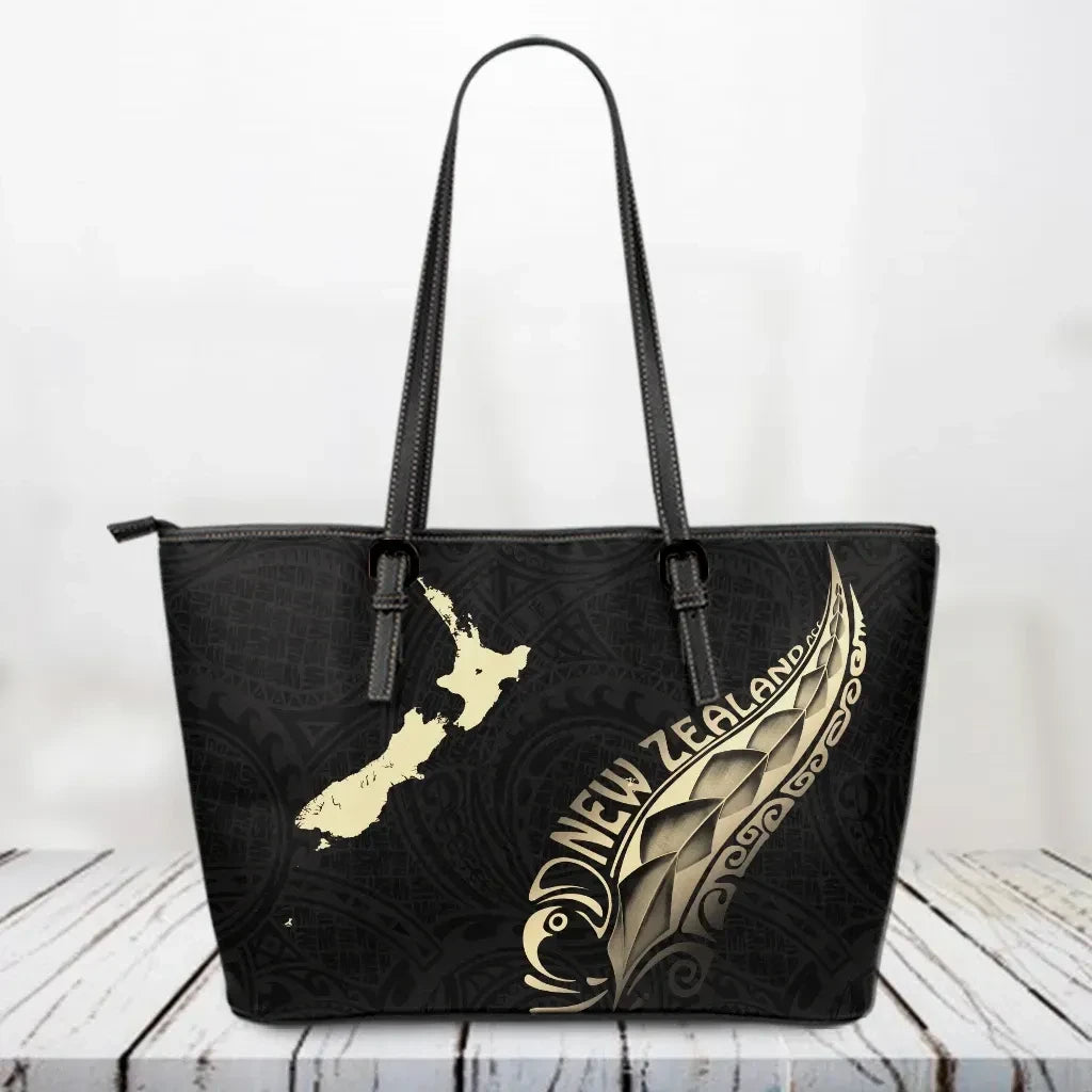 Aotearoa New Zealand Leather Tote Bag Maori Silver Fern Gold