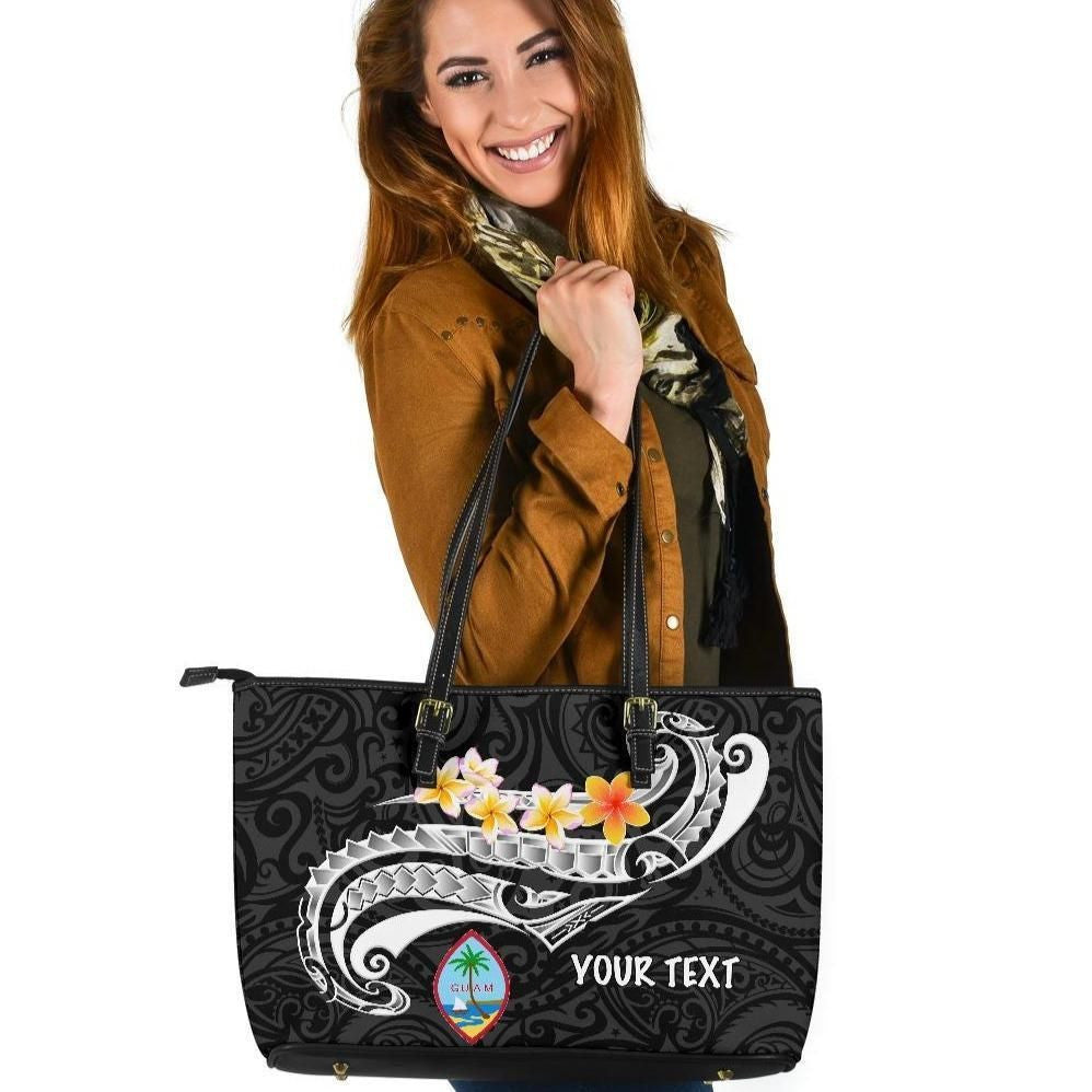 Guam Personalised Leather Tote Bag Guam Seal Polynesian Patterns Plumeria Black