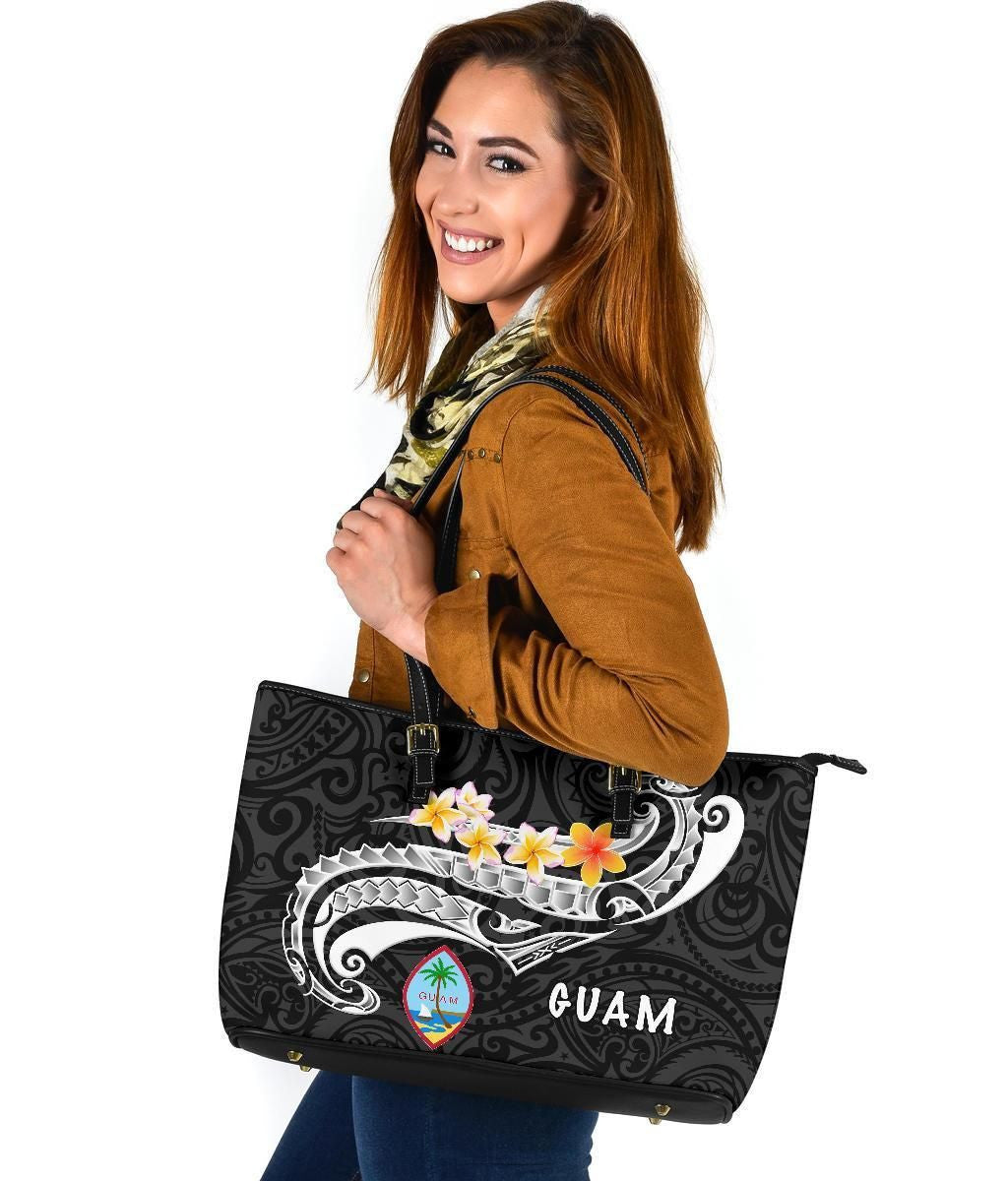 Guam Leather Tote Bag Guam Seal Polynesian Patterns Plumeria Black