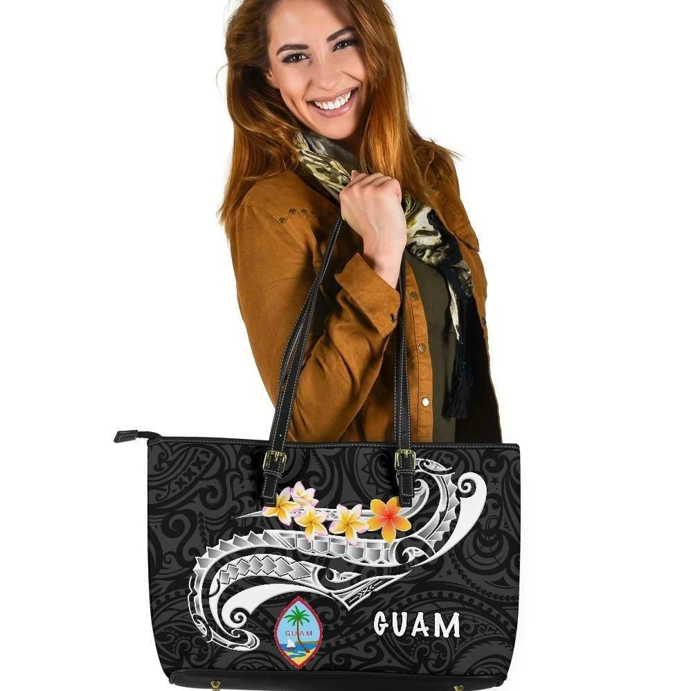 Guam Leather Tote Bag Guam Seal Polynesian Patterns Plumeria Black