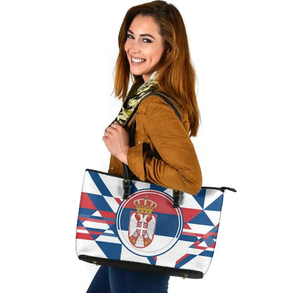 Leather Tote Bag Serbia Flag Color With Coat Of Arm
