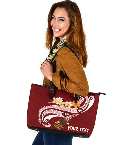 American Samoa Custom Personalised Leather Tote Bag As Seal Polynesian Patterns Plumeria