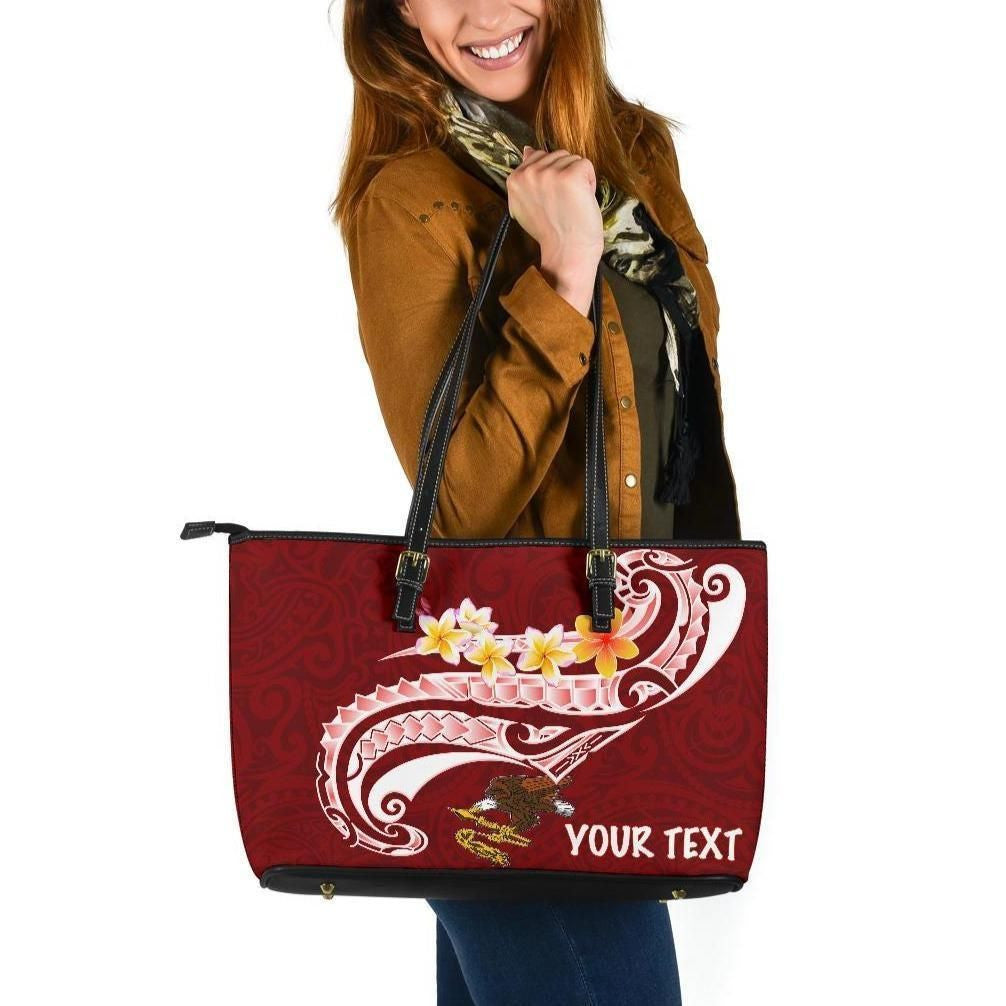 American Samoa Custom Personalised Leather Tote Bag As Seal Polynesian Patterns Plumeria
