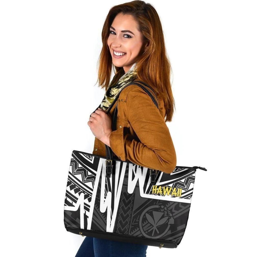 Hawaii Leather Tote Bag Kanaka Maoli With Polynesian Pattern In Heartbeat Style Black,White