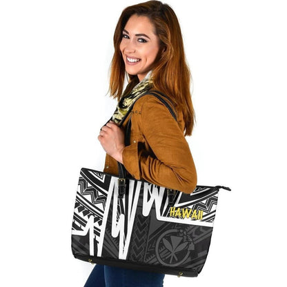 Hawaii Leather Tote Bag Kanaka Maoli With Polynesian Pattern In Heartbeat Style Black,White