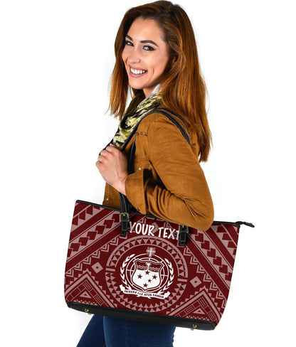 Samoa Personalised Leather Tote Bag Samoa Seal In Polynesian Tattoo Style Red