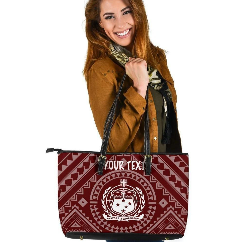 Samoa Personalised Leather Tote Bag Samoa Seal In Polynesian Tattoo Style Red