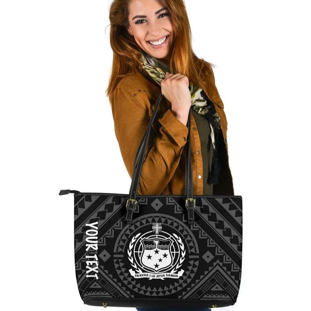 Samoa Personalised Leather Tote Bag Samoa Seal In Polynesian Tattoo Style