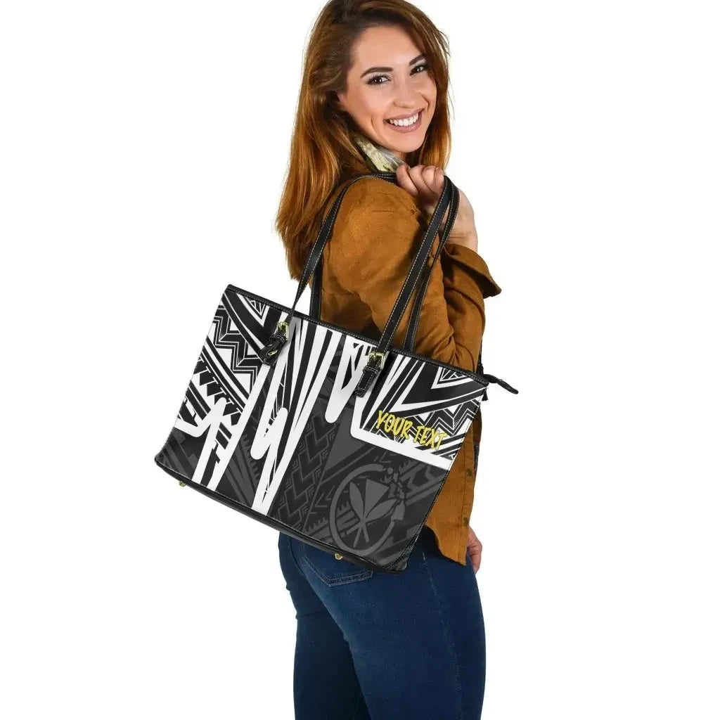 Hawaii Personalised Leather Tote Bag Kanaka Maoli With Polynesian Pattern In Heartbeat Style Black,White