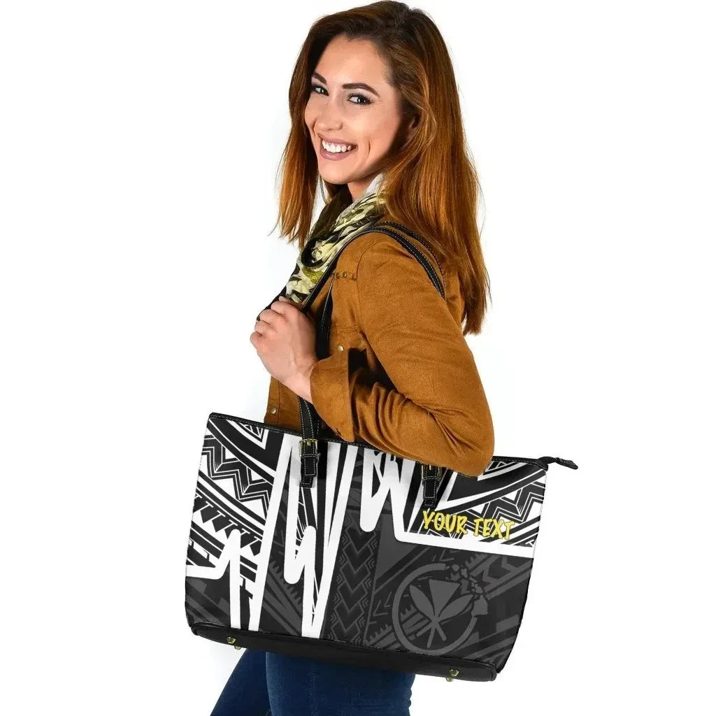 Hawaii Personalised Leather Tote Bag Kanaka Maoli With Polynesian Pattern In Heartbeat Style Black,White