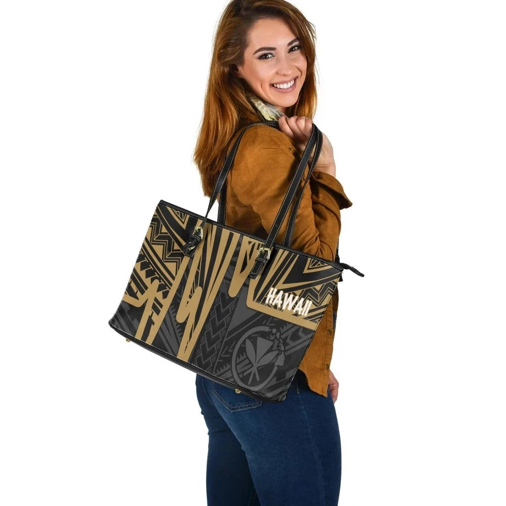 Hawaii Leather Tote Bags Kanaka Maoli With Polynesian Pattern In Heartbeat Style Gold