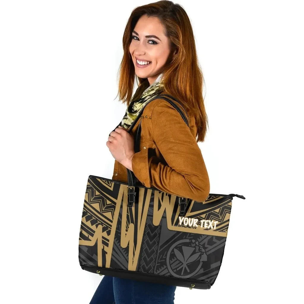 Hawaii Personalised Leather Tote Bags Kanaka Maoli With Polynesian Pattern In Heartbeat Style Gold