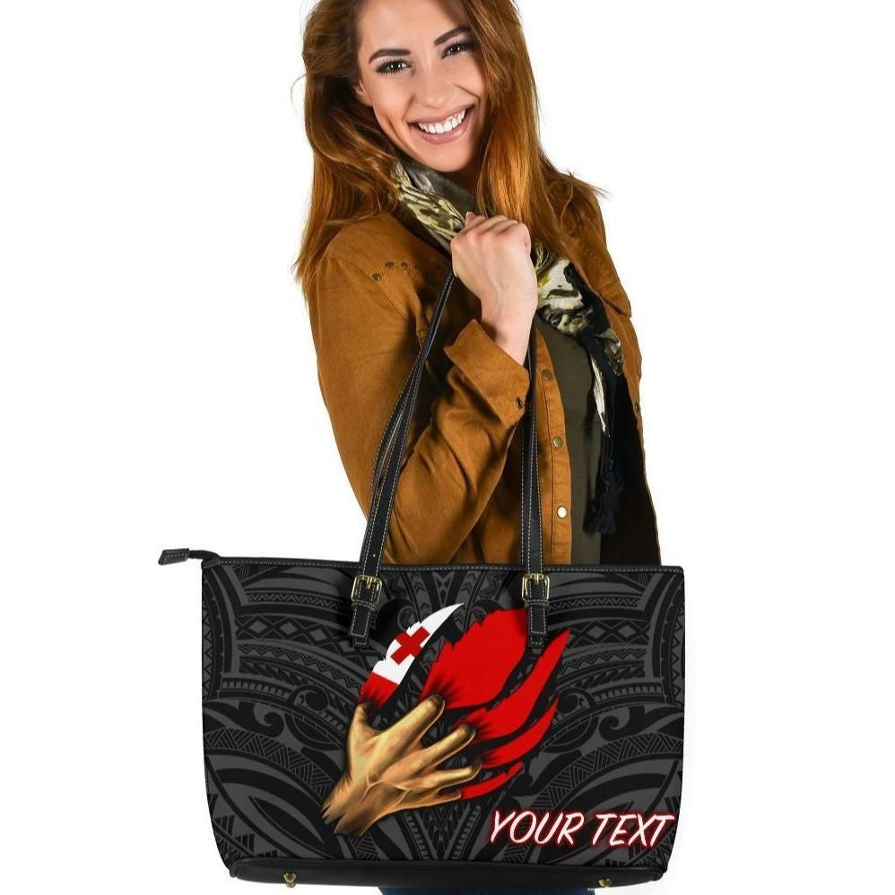 Tonga Personalised Leather Tote Bag Tongan Is Myself Black