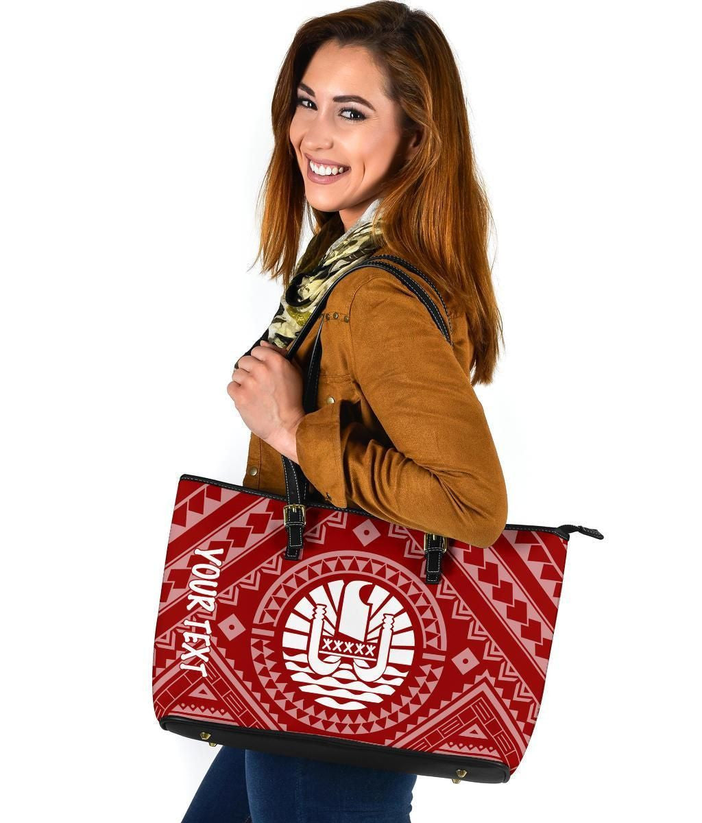 Tahiti Personalised Leather Tote Bag Tahiti Seal In Polynesian Tattoo Style Red