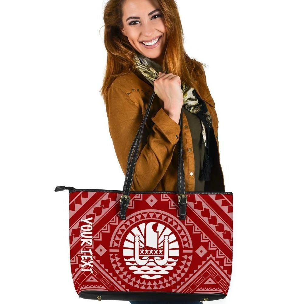 Tahiti Personalised Leather Tote Bag Tahiti Seal In Polynesian Tattoo Style Red