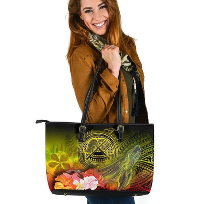 American Samoa Polynesian Custom Personalised Leather Tote Bags Humpback Whale With Tropical Flowers
