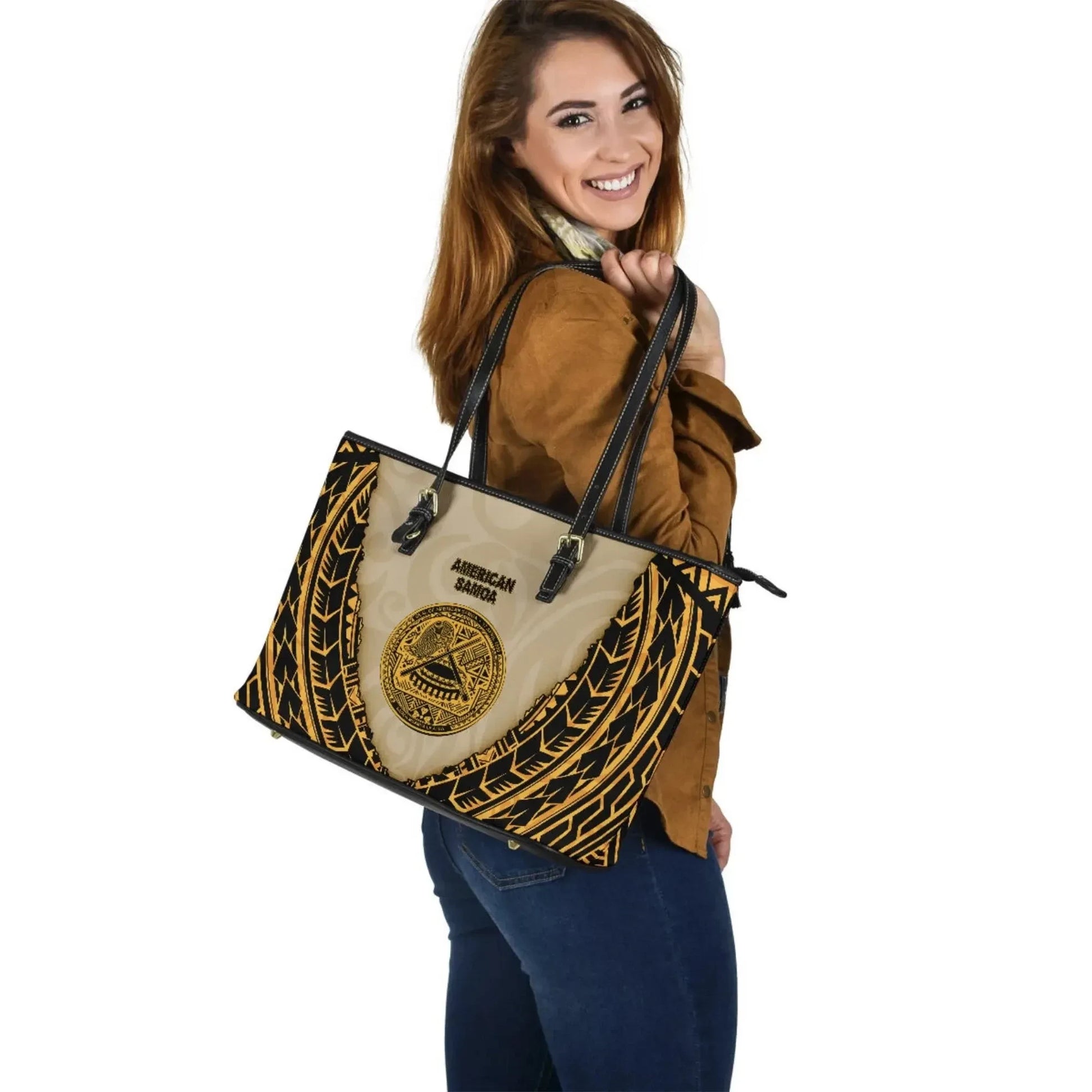 American Samoa Leather Tote Bag Polynesian Wild Style