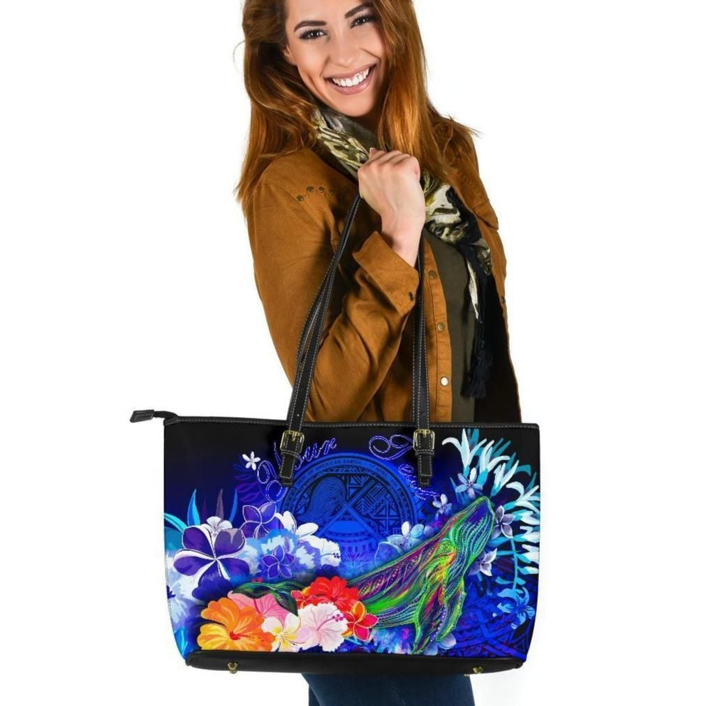American Samoa Polynesian Custom Personalised Leather Tote Bag Humpback Whale With Tropical Flowers Blue