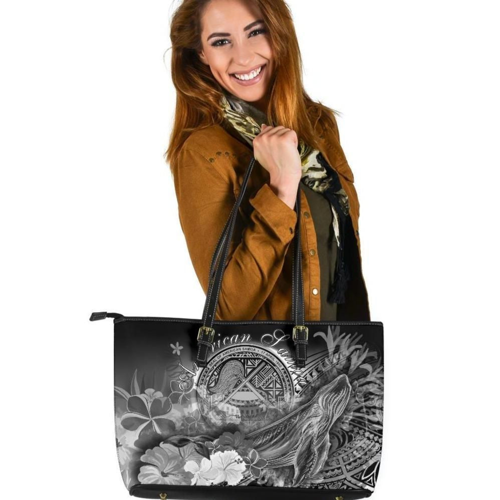 American Samoa Polynesian Leather Tote Bag Humpback Whale With Tropical Flowers White