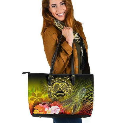 American Samoa Polynesian Leather Tote Bag Humpback Whale With Tropical Flowers