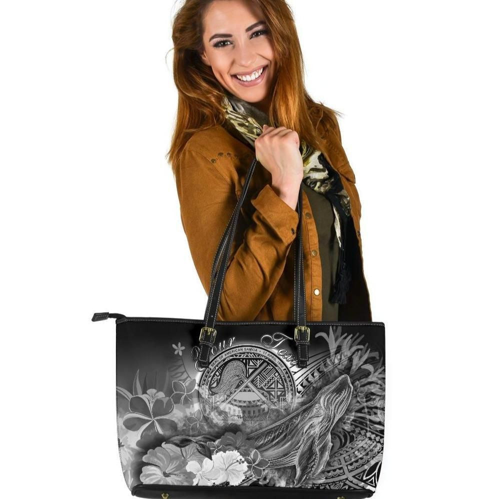 American Samoa Polynesian Custom Personalised Leather Tote Bag Humpback Whale With Tropical Flowers White
