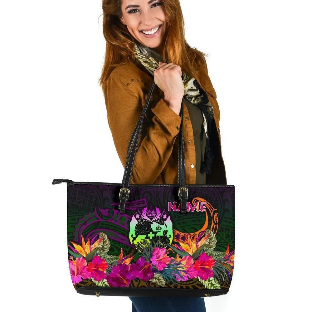 Tonga Polynesian Personalised Leather Tote Bag Summer Hibiscus